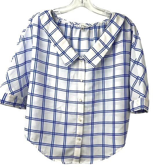 LEDIN Womens Rockabelly Top Blue/White Semi-Sheer Plaid Button Up Cropped Size M - Picture 1 of 14